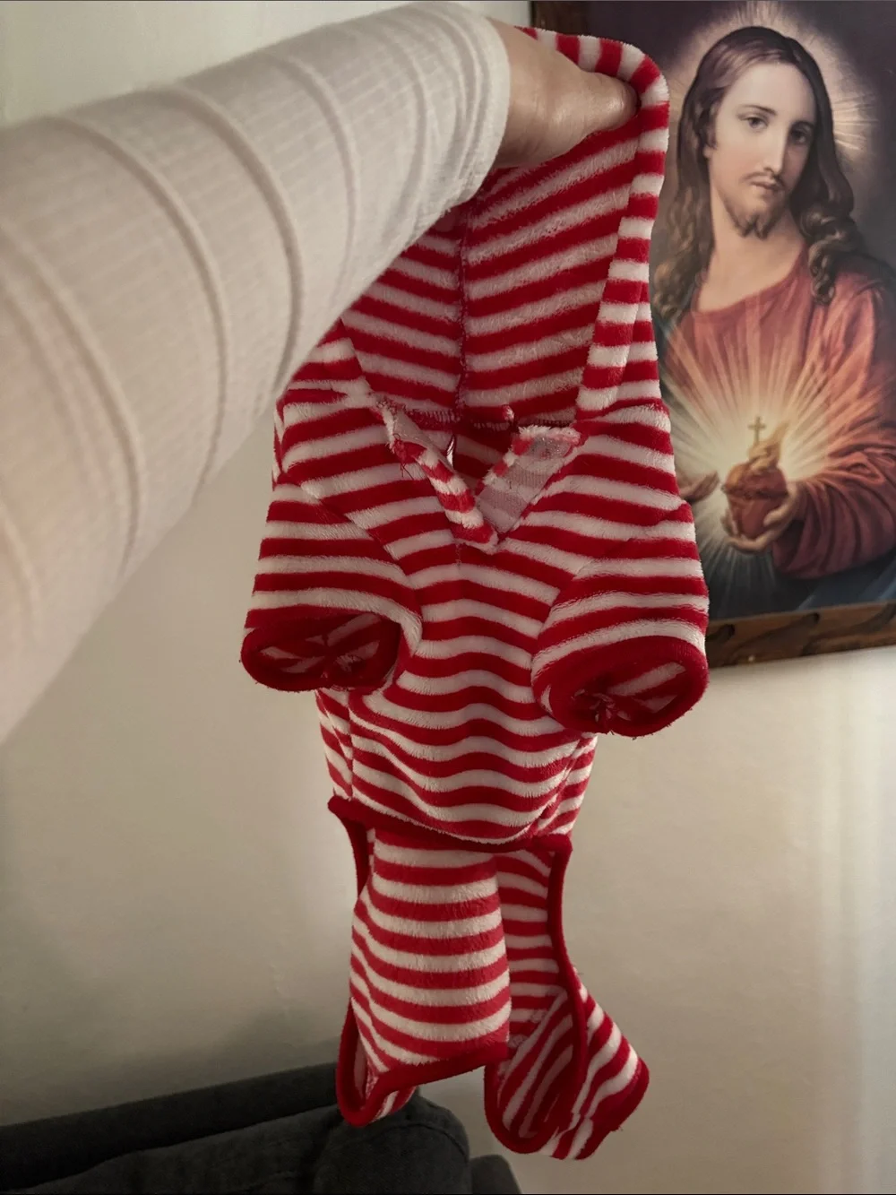❤️🤍 Red & White Striped Hooded Dog Pajama – Size Medium 🤍❤️